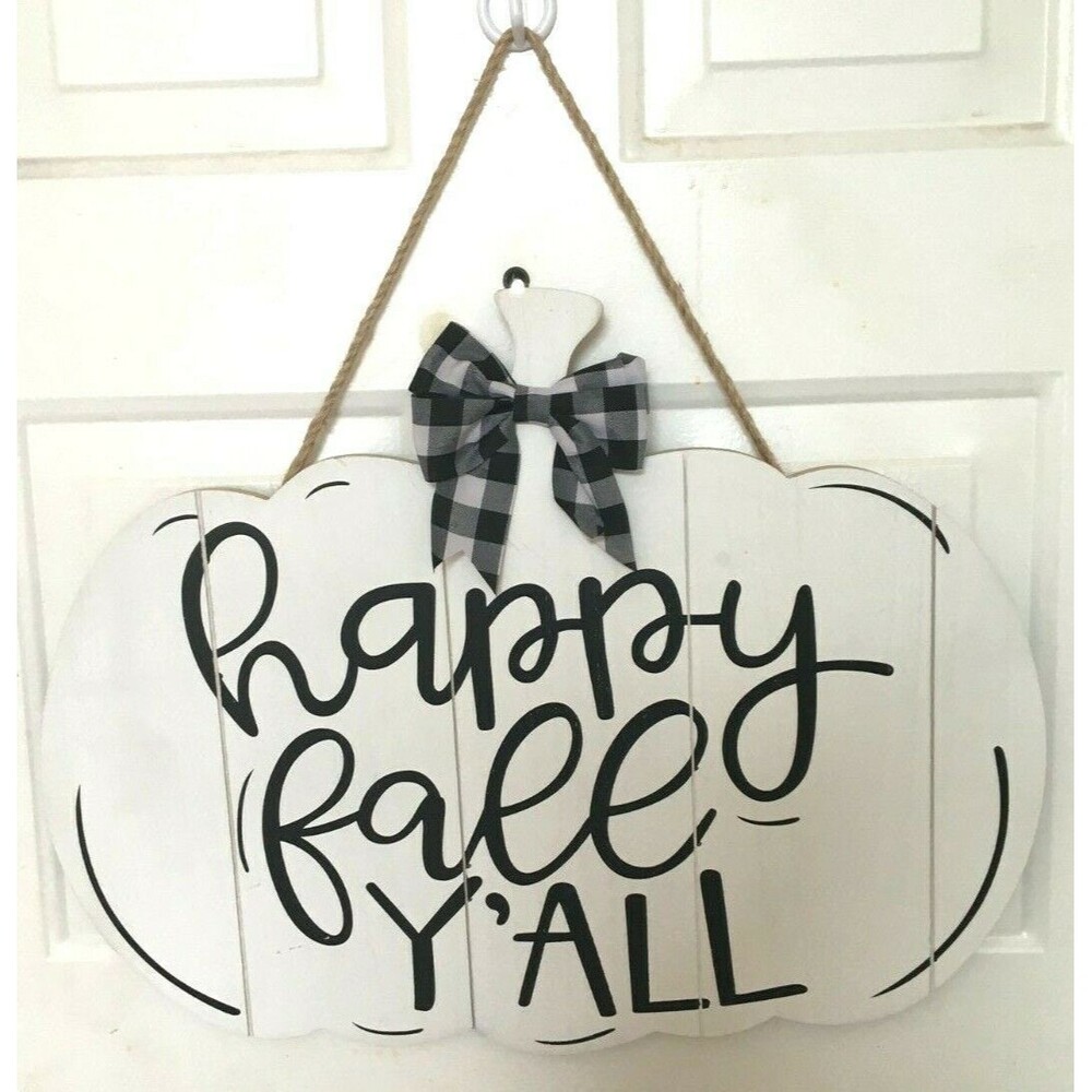 Happy Fall Yall Wood Door Hanger White Black Large 22" x 17" Rustic Farmhouse